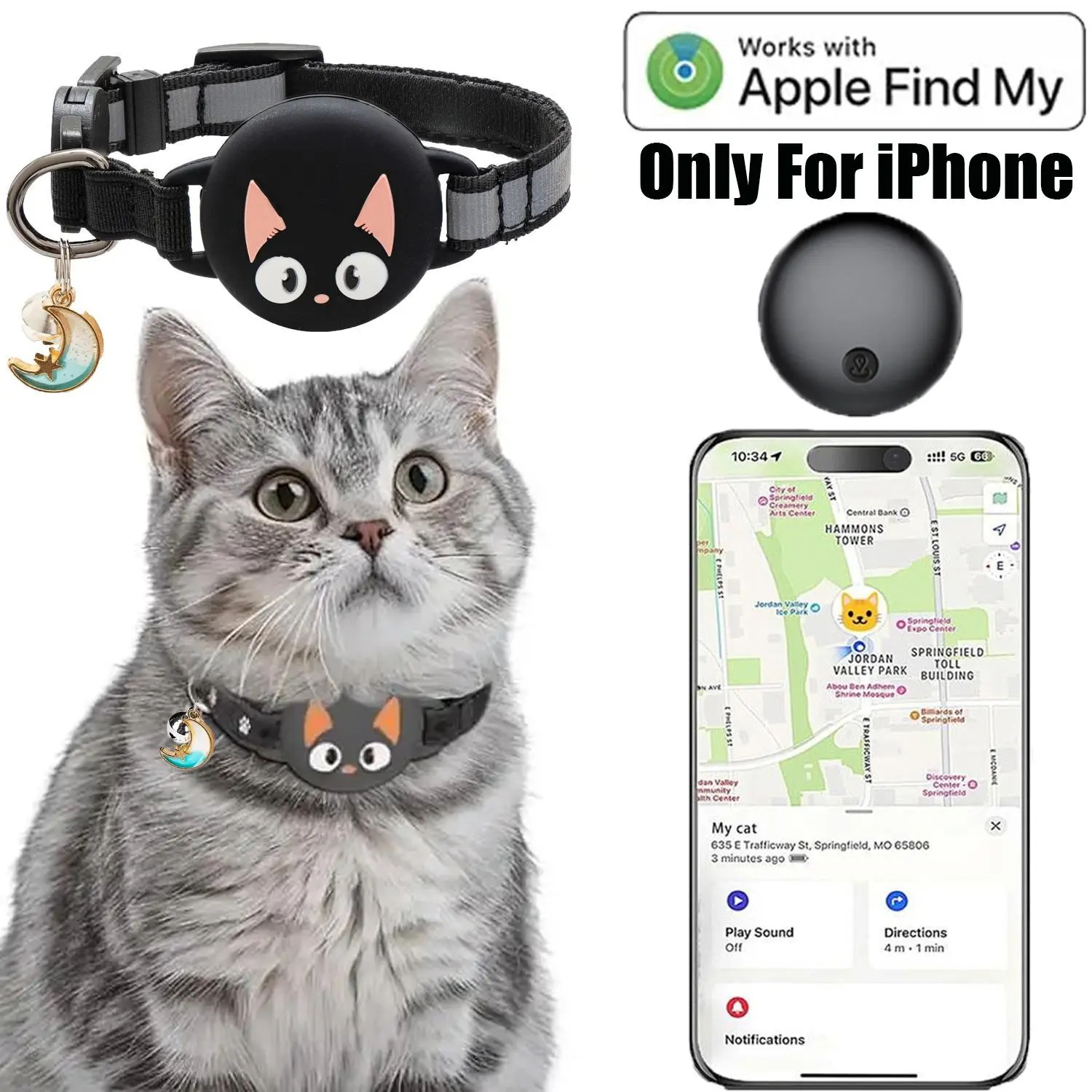 Cat Collar with GPS Tracker, Waterproof Cat Collar with Luminous & Reflective Fish Pattern, Lightweight Kitten Collar, Hidden GPS Tracker for Cats, Kittens