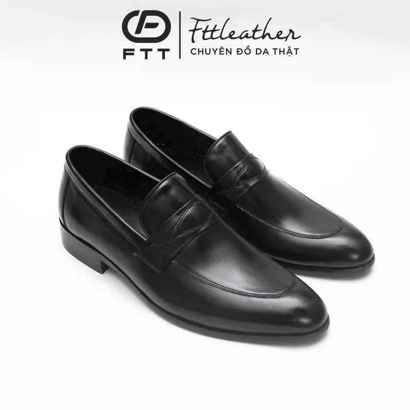 Giày lười nam công sở da bò Fttleather họa tiết đan chéo đế phíp gỗ màu đen mẫu 633 Hoa Shoes 0