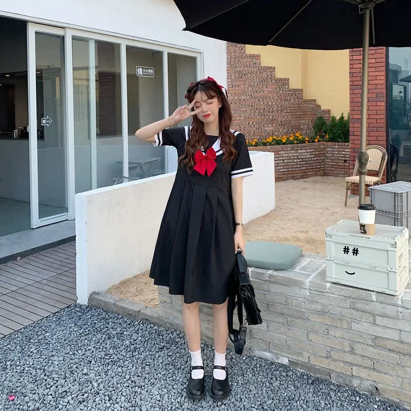 [black tie dress]2024 New Preppy Style Dress Short Sleeve Female Student Sweet Cute Japanese Style Sailor Collar JK Girlfriends A- line Skirt Black Tie Skirt