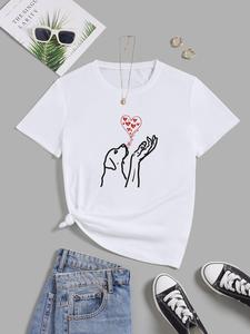 ImprinTee Women's Heart & Dog & Hand Print Round Neck Graphic Tee, Vintage Trendy Casual Short Sleeve T-shirt for Daily Wear, Ladies Summer Outfit