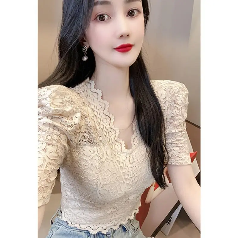 Áo Ren Cho Nữ, Bộ Sưu Tập Mới Mùa Hè 2024, Thời Trang, Phong Cách, Phong Cách Thuần Khiết, Cổ Chữ V Thanh Lịch, ngắn Tay, Dễ Phối Đồ, Áo