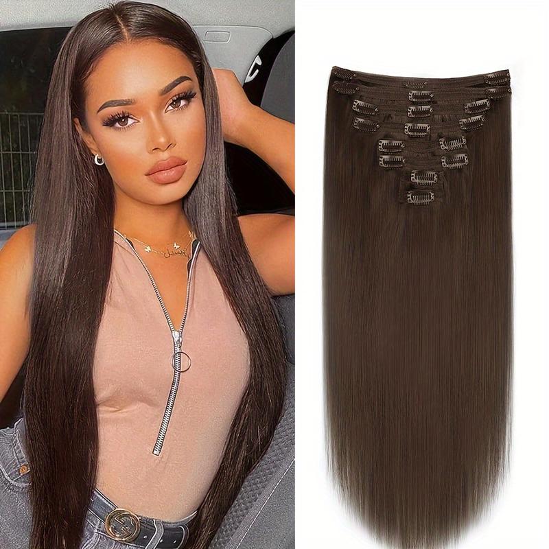 TikTok Shop New 8Count Set 2 Dark Brown Straight Wave Clip In Hair Extension Human Hair Brazilian Natural Human Hair Extensions For Women cliphairextensions curly clip s