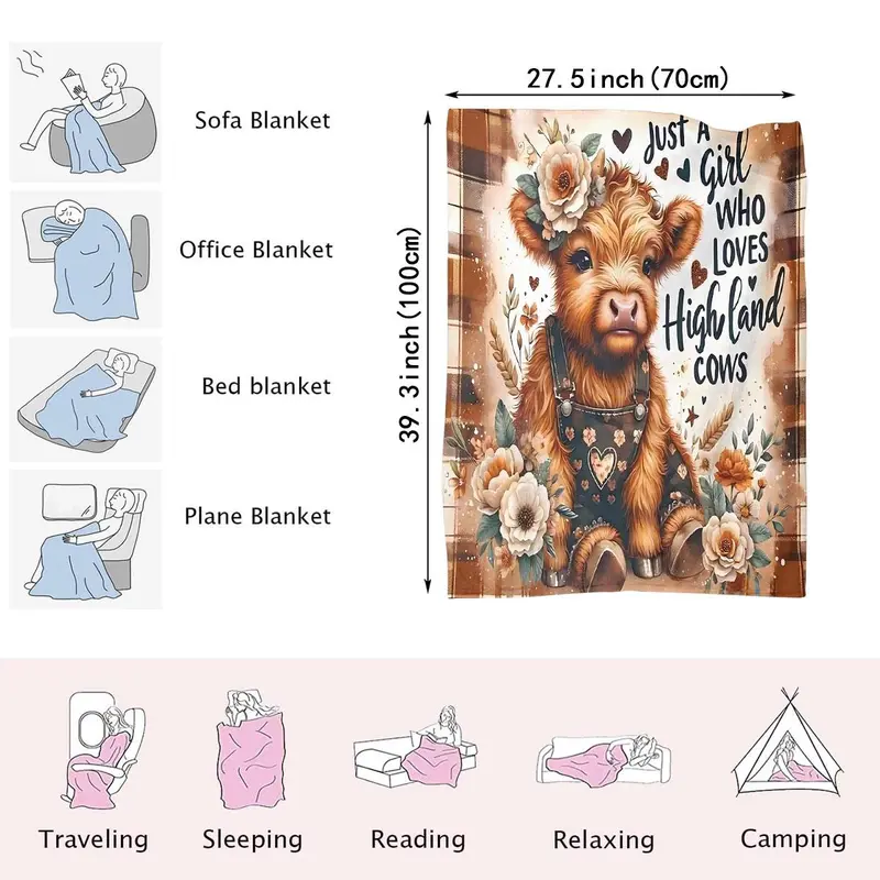 Highland Cow Pattern Blanket, Soft Warm Throw Blanket, Air-conditioned Room Nap Blanket, Comfortable and Stylish Decor Blanket for Home Office 3