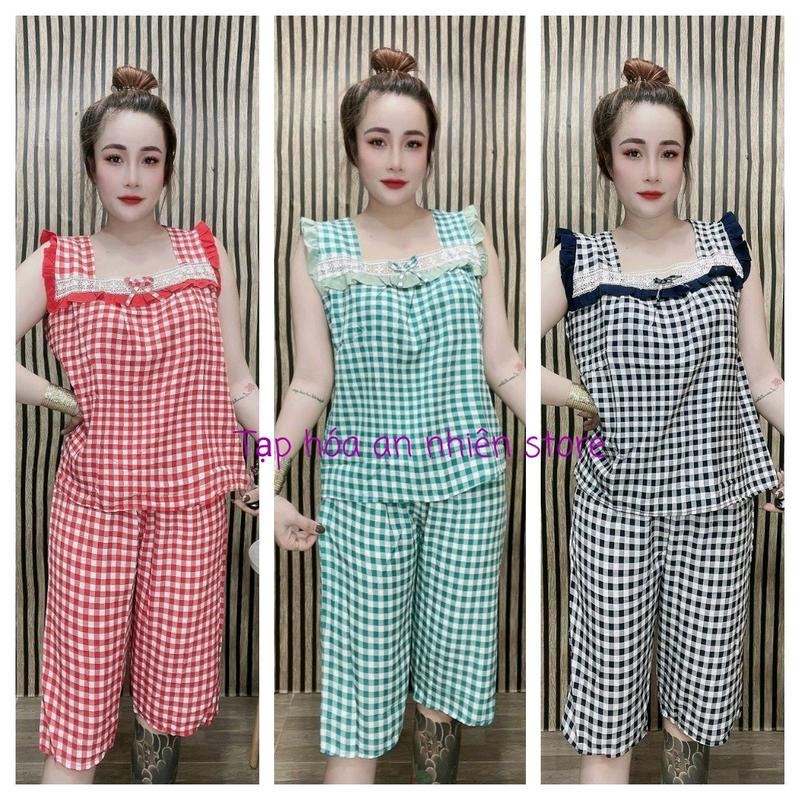  T51  40-80kg  SET ĐỒ BỘ NỮ MẶC Ở NHÀ QUẦN LỬNG LỤA KHÔNG TÚI PHỐI REN MẶC NHÀ DỄ THƯƠNG SỌC CARO Women Áo 