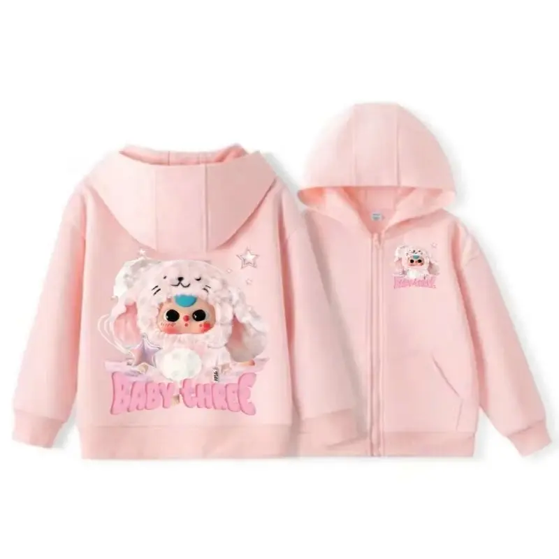 Áo hoodie có khoá kéo ép nhiệt hình BABY THREE dễ thương cho bé vải nỉ Cotton mềm mịn,ấm áp
