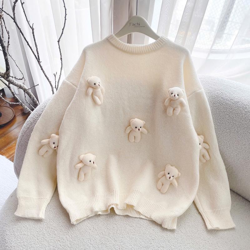 (HÌNH CẬN CHẤT) ÁO SWEATER NỮ FROM RỘNG ĐÍNH GẤU BÔNG DỄ THƯƠNG 3