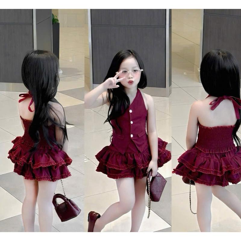 KH43 - Set áo yếm vest chun lưng chân váy tầng cho bé gái