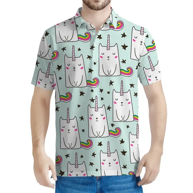 Cute cat pattern men's polo shirt 3D printed cartoon animal T-shirt summer short sleeved top loose T-shirt, street T-shirt Menswear Lingerie Tropical Dalmatian