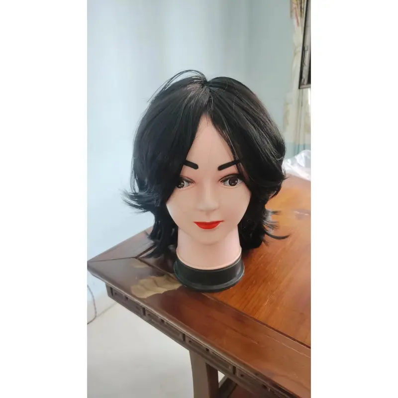 Wig ekor serigala untuk pria dan wanita dengan rambut lurus pendek dan tutup kepala penuh secara alami tampan..... 7