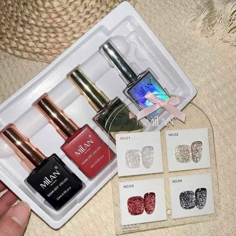 Set sơn 4 màu Milan nhũ flash, thạch nhũ - kèm bảng màu nail Mẫu chai mới