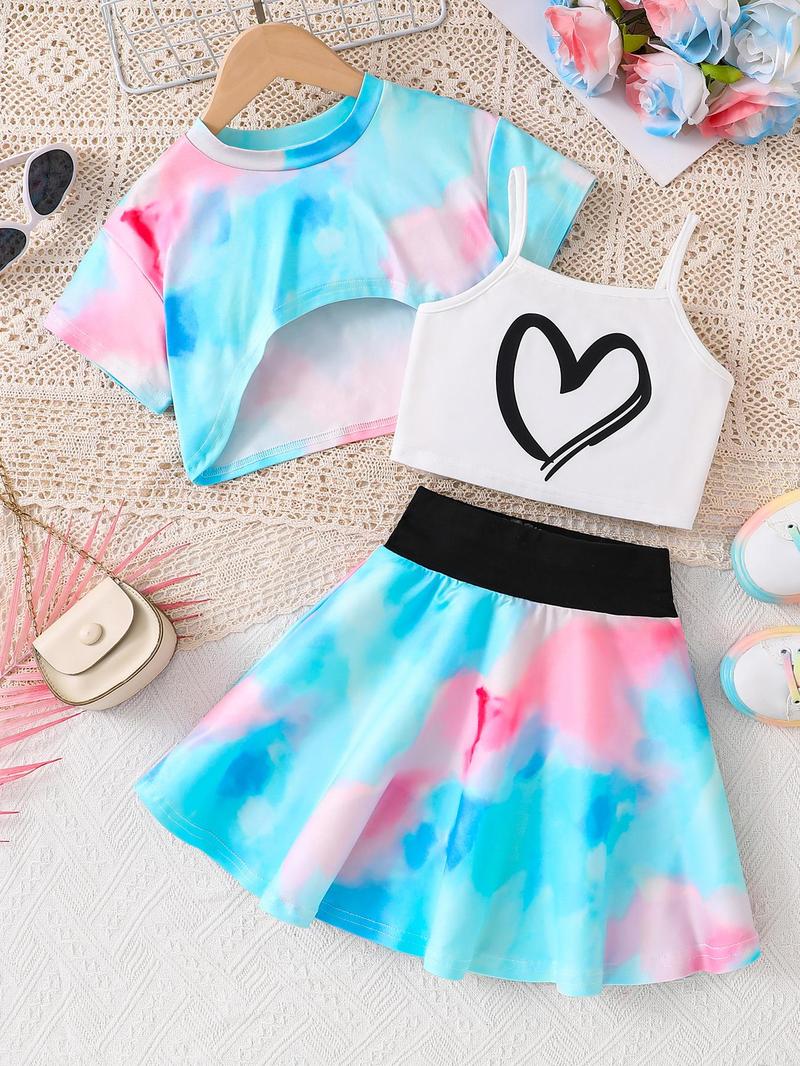 Product Introduction of Girl's Crop Top & Cami Top & Skirt Three-piece Set, Casual Fashion Set for Daily Outdoor Wear, Kids Clothing for Summer 1