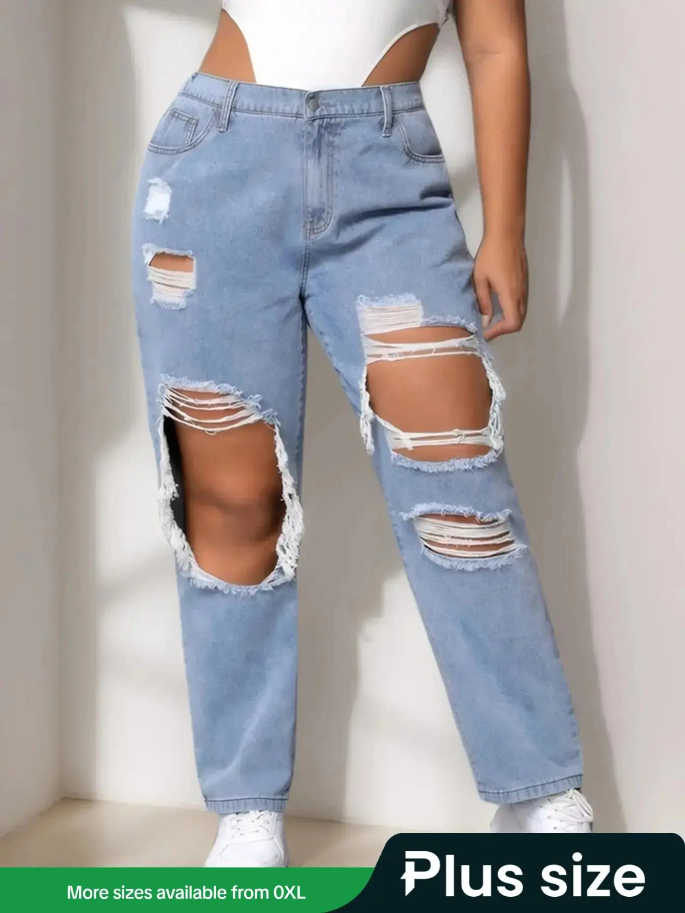【Plus Size】 Ripped Button Fly Straight Leg Jeans, Fashion Casual Pocket Elastic Waist Distressed Denim Pants for Daily Outdoor Wear, Women Plus Size Clothing for All Seasons, 2000s Jeans, Baggy Jeans, Womenswear