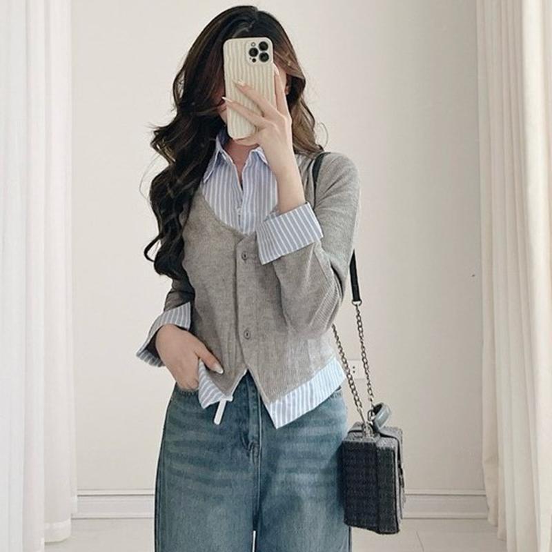 Áo sơ mi nữ mix cardigan nhung tăm - Áo kiểu kẻ sọc xanh phối đen tay dài dáng ôm body ngắn phong cách hàn quốc 2 màu đen, Xám Women Top Kem Jean Shirt