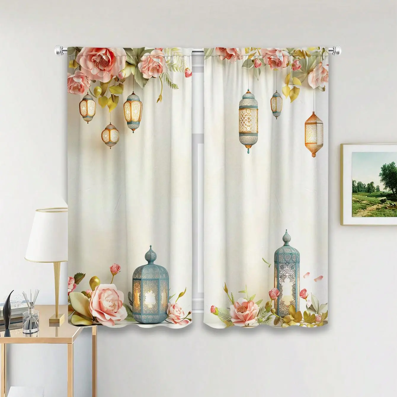 Ramadan Festival Theme Garden & Lantern Pattern Door Curtain, 2 Counts/set Modern Simple Door Curtain, Home Decor for Living Room Bedroom