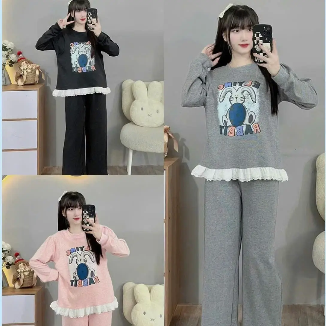 ĐỒ BỘ NỮ, SÉT ĐỒ BỘ THU ĐÔNG ÁO DÀI TAY IN HÌNH THỎ ĐÁNG YÊU PHỐI VIỀN REN MIX QUẦN SUÔNG 3 MÀU BIGSIZE 45-85KG Women Top