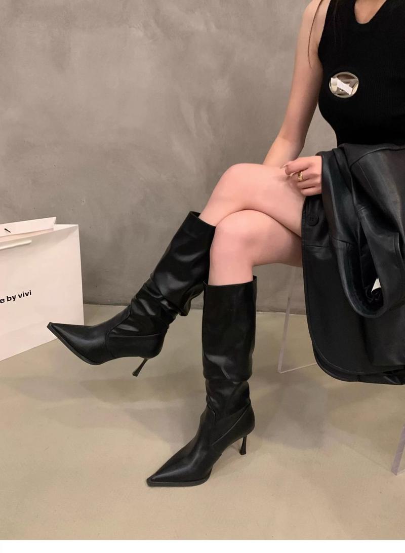 Product Introduction of 2025 Pointed Toe White High-Heeled Western Boots Female Boots New Spring Summer Slimming Pile Style Knight Spring And Autumn Boots 7