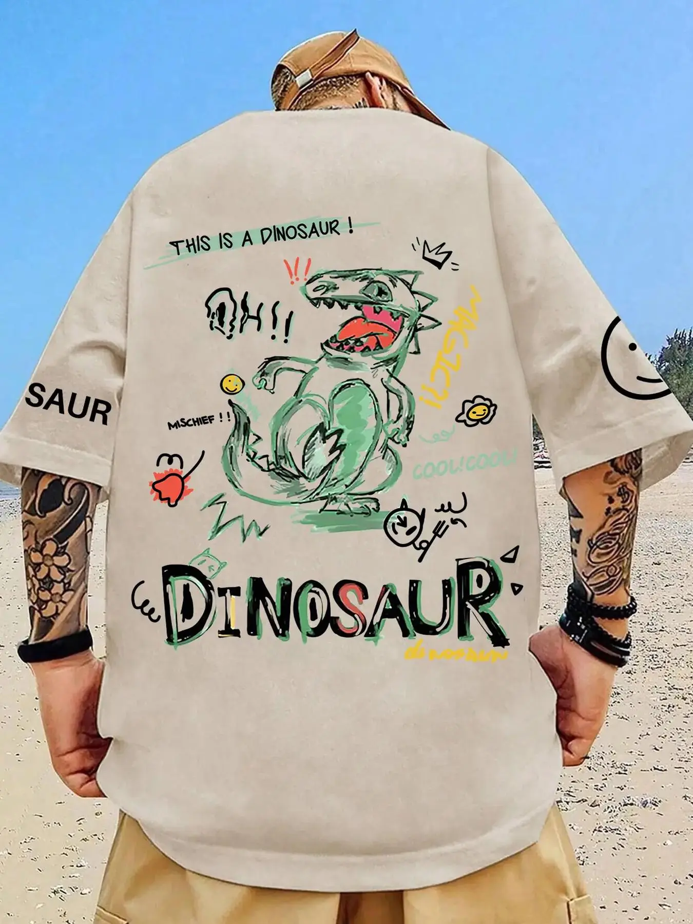 Men's Cartoon Graphic Print Round Neck Drop Shoulder Tee, Regular Fit Casual Fashion T-Shirt for Summer Daily Wear, Men's Clothes, Summer Clothes