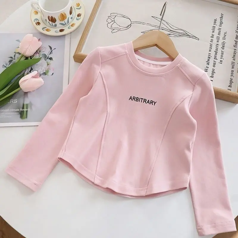 Áo Thun Bé Gái, Phong Cách Mùa Xuân Và Mùa Thu, Phong Cách Phương Tây, Dài Tay, Thích Hợp Cho Trẻ Em, Lớp Cơ Sở, Cỡ Trung Và Lớn, Áo In Chữ, Trang Phục Mùa Thu, 2024 2
