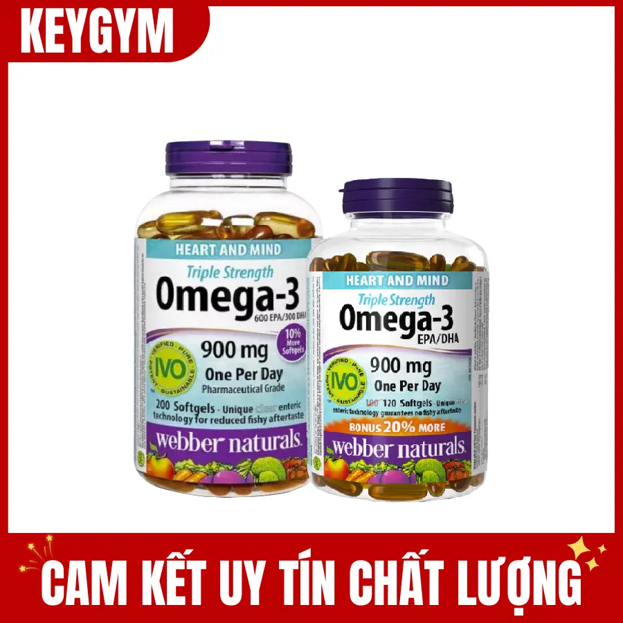 [HÀNG KEYGYM] Viên uống bổ sung dầu cá Webber Naturals Triple Strength Omega3 900mg, 120-200 Viên - Keygym