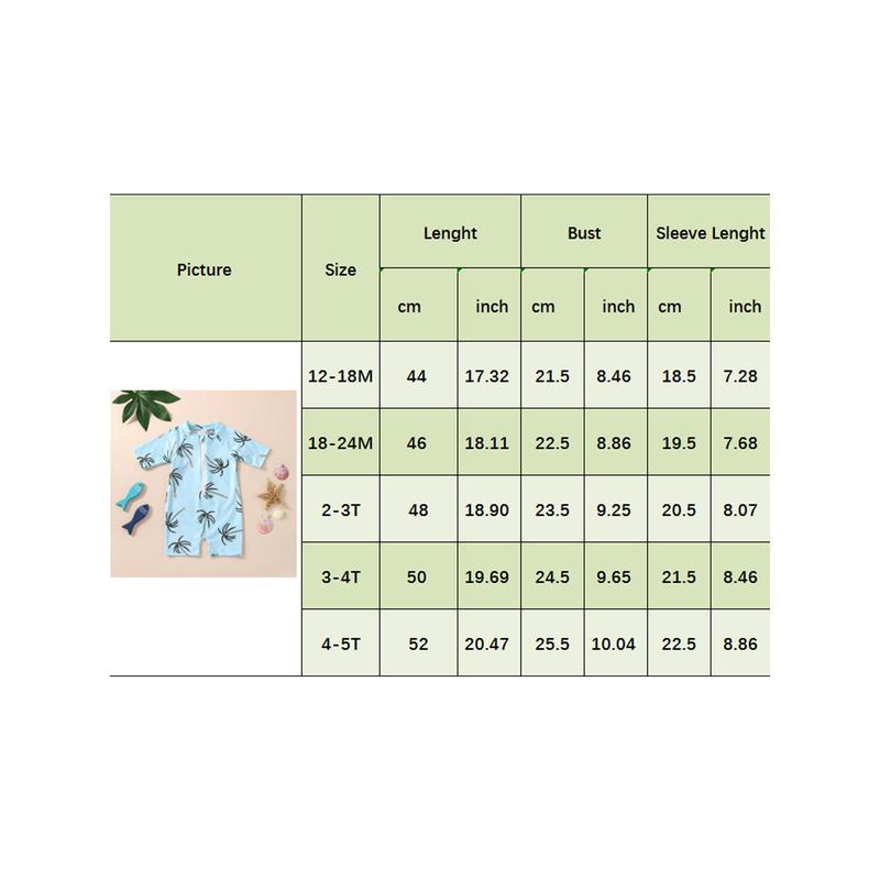 Product Introduction of Toddler Girls Boys Summer Romper Swimwear Blue Short Sleeve Tropical Tree Print Zipper Bathing Suit,Age: 0-36 Months 0
