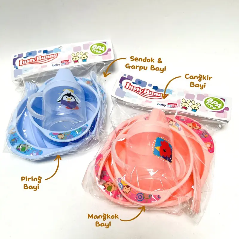 LUSTY BUNNY LB1363 Baby Feeding Set Mangkok Piring Gelas Spout Bayi | 5in1 LustyBunny Feeding Set Peralatan Makan Bayi Aman BPA Free | LB1363 Lusty Bunny Feeding Set Mangkok Botol Minum Spout Sendok Garpu | Peralatan Makan baby