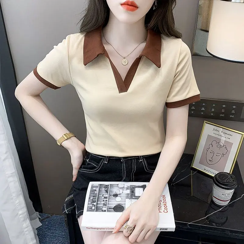 Áo Thun Ngắn Tay, Phong Cách Thuần Khiết, Dành Cho Nữ, Thiết Kế Ôm Sát, Màu Tương Phản, Áo Polo, Áo Ngắn, Hàng Mới Về Mùa Hè 2024