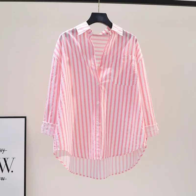 Áo Sơ Mi Vải Lanh Và Cotton, Sọc Dọc Màu Hồng, Dành Cho Nữ, Phong Cách Nghệ Thuật Hàn Quốc, Dáng Rộng Vừa Vặn, Dài Trung Bình Áo Cardigan, Thích Hợp Cho Mùa Xuân Và Mùa Thu, Thời Trang, 2024 Top Women