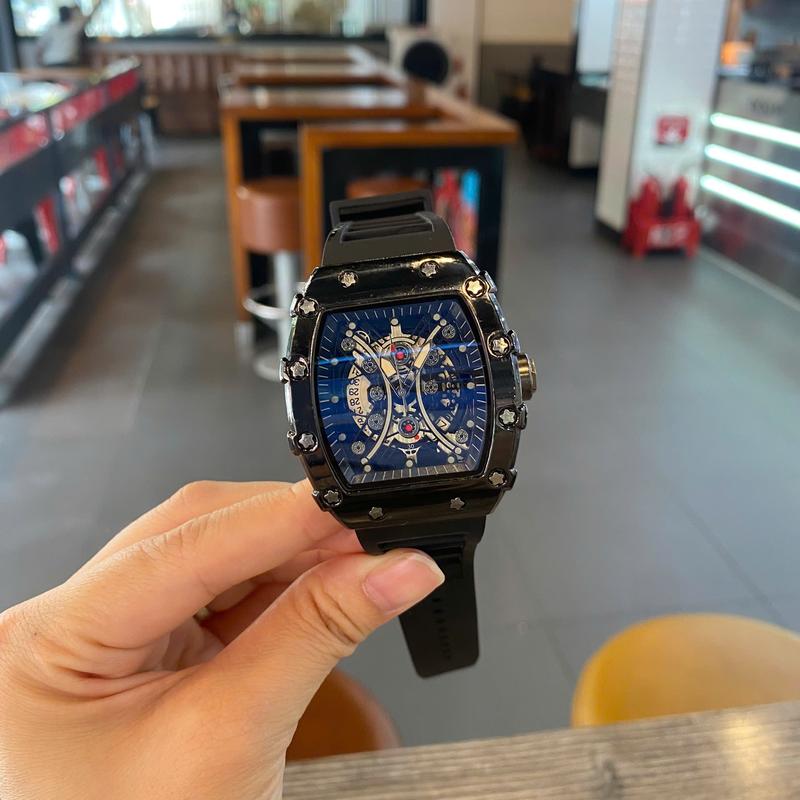 Hugi Đồng Hồ Nam Dáng Thùng, Phi Thuyền, Kính Xanh, Có lịch ngày Watch Đeo Tay lộ máy