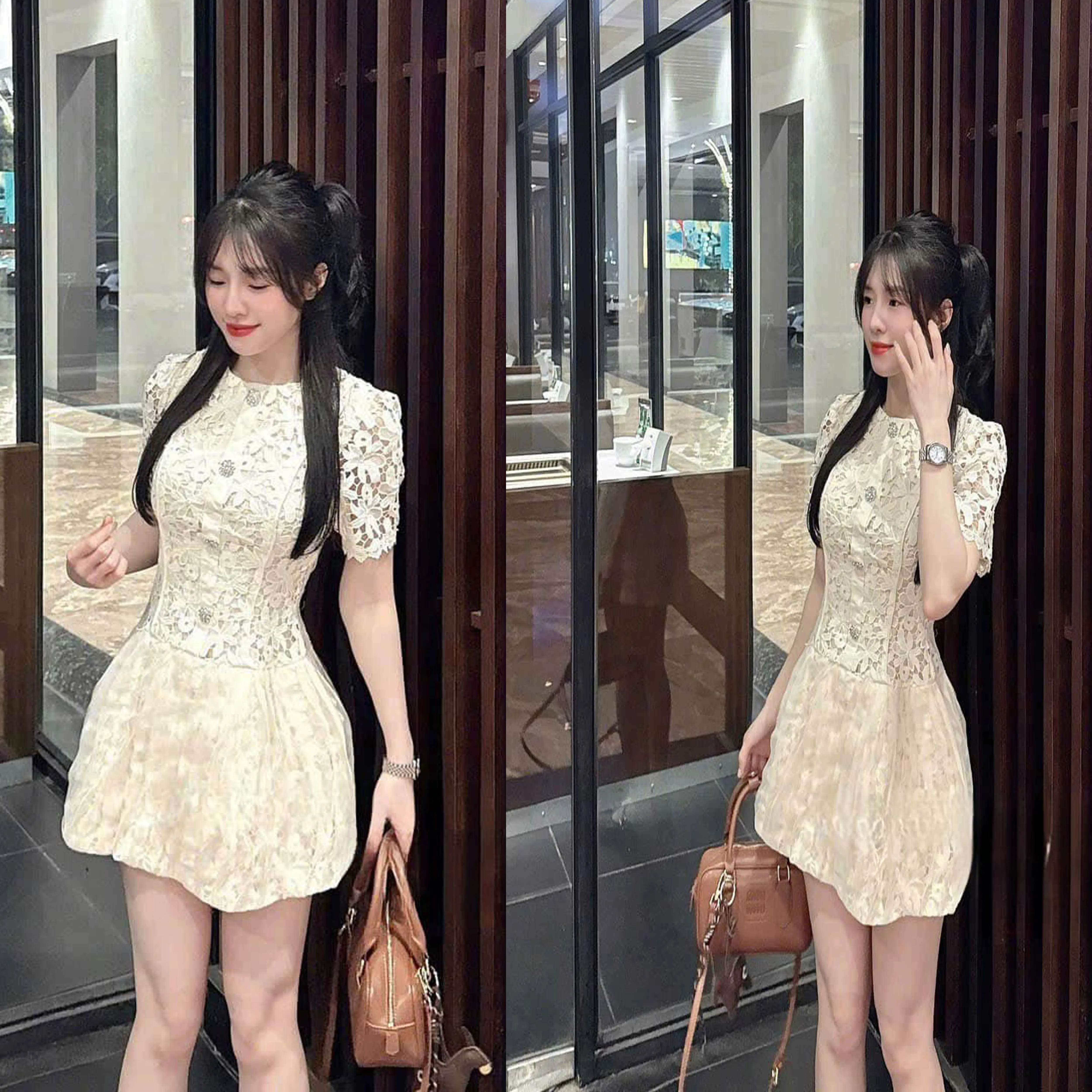 Váy Ren Cổ Tròn Cúc Đá Phối Bồng Sóng Dáng Ngắn Thiết Kế Dress Nữ Top Women Mai Chi Store MC1434