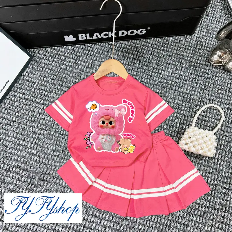 A34 Bộ Váy Xếp Ly Chạy Sọc Ngang Tay,Chân Váy Có Kèm Quần Chip ,Chất Thun Cotton 4 Chiều Co Giãn Thoáng Mát Thấm Hút Mồ Hôi Cho Bé Từ 10-39kgs, Form Áo Vừa Vặn , Thoải Mái Cho Bé (Hình in chuyển nhiệt , với độ bền cao ,không bong tróc)Vải Cotton đồ bé 3