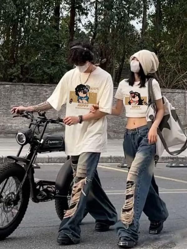 Product Introduction of Summer printed crewneck T-shirt simple fashion Harajuku Korean shorts sleeve temperament couple top 11