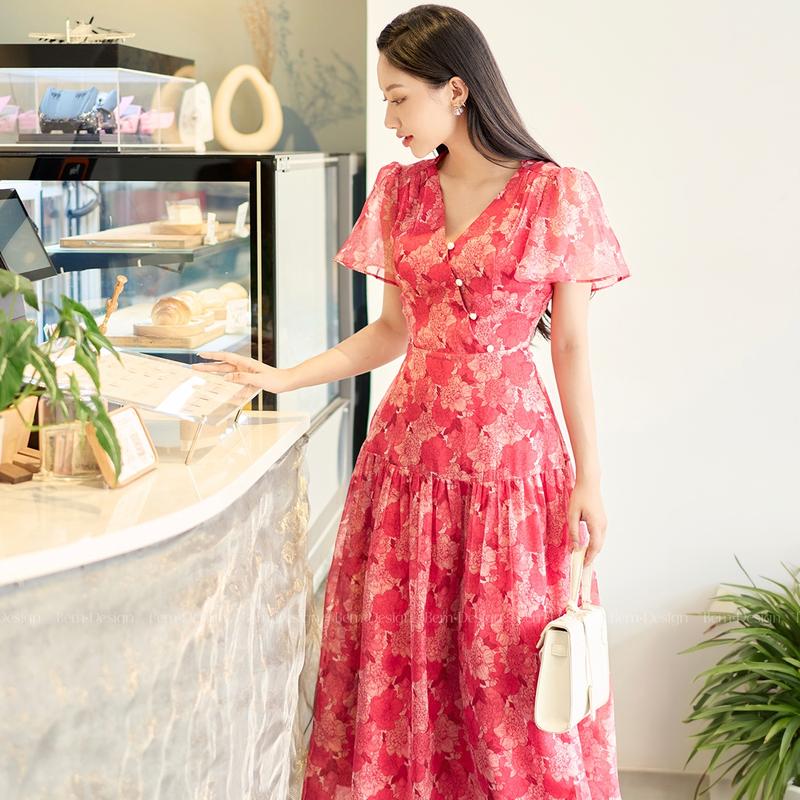 Đầm Hoa Đỏ Dáng Maxi Tùng Xòe Thướt Tha Bem Design (DR481) Nữ Dress Women