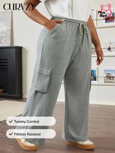 CURVZY Plus Size Solid Drawstring Waist Straight Leg Pants, Casual Pocket Trousers for Daily Wear, Women's Bottoms for All Seasons