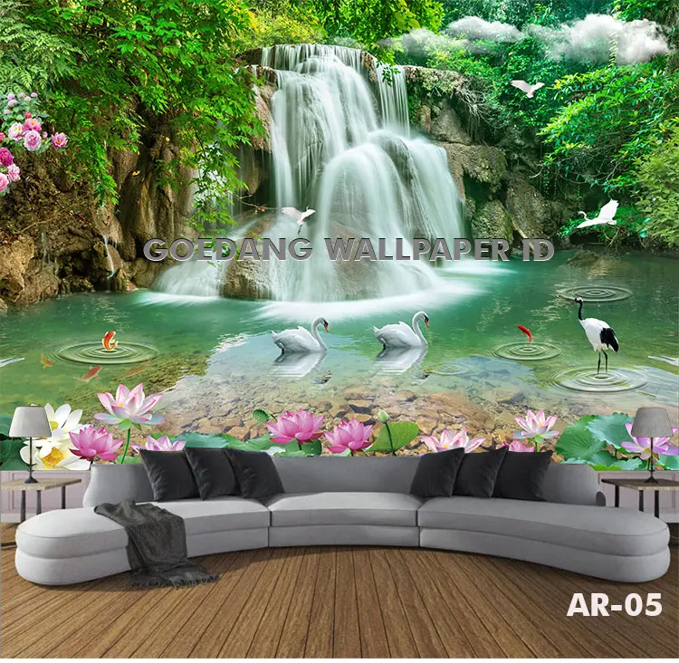 JASA CETAK Wallpaper Stiker Dinding Vinyl Custom 3D Motif Pemandangan AIR Terjun Indah Waterfall, Wallpaper Dinding 3D Custom Kamar,Ruang Tamu Motif Air Terjun 4