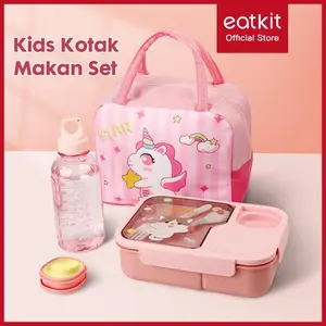 Eatkit 3-in-1 Aesthetic Kids Lunch Set 1450ml Kotak Bekal Karakter Unicorn Tas Thermal Botol Minum Trendy 2025 Bento Viral Free Sendok Garpu BPA Free Eco-Friendly Pink Cute - Makan