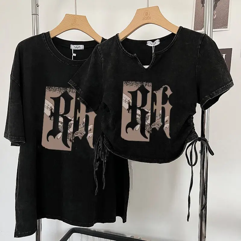 American-Style Washed Old Short-Sleeved T-shirt Summer Women's Drawstring Design Chic Hot Girl Short Top Fashion