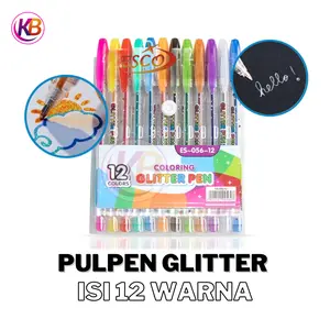 Pulpen Glitter Warna warni 1 pak (12pcs) / Pulpen Gel 1.0mm / Bolpoin / Pena / Cod / Biru Baru