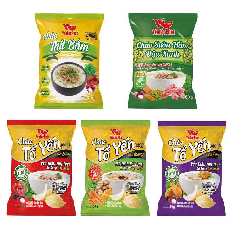 Cháo gói ăn liền YLP - COMBO 30 gói, 5 vị yến gold, nấm, gà, đậu xanh, thịt bằm, mỗi vị 6 gói