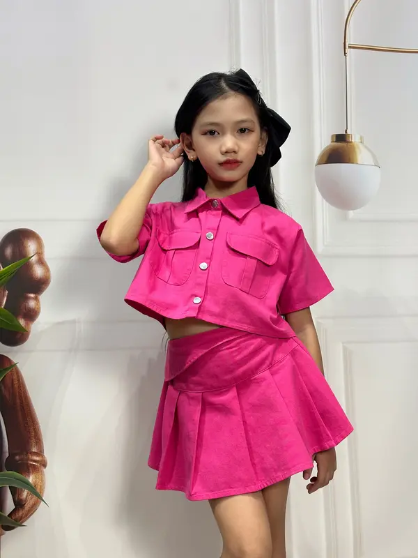 Sét Áo Sơ Mi Denim Ngắn Tay Dáng Croptop Phối Chân Váy Kaki Cho Bé Gái từ 12-36kg 8