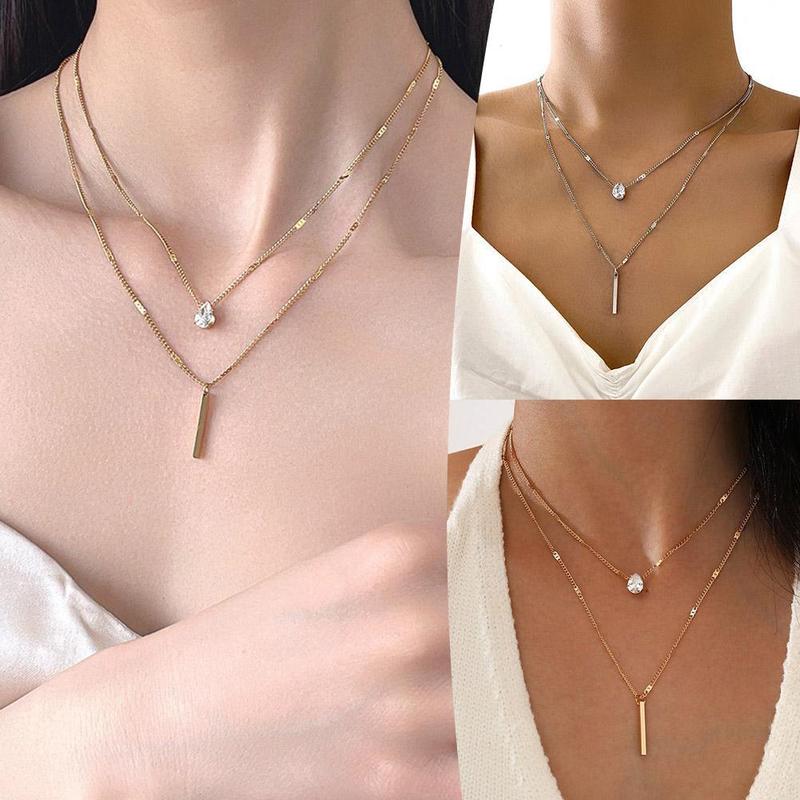 Bộ Vòng Cổ Mặt Dây Chuyền Họa Tiết Đơn Giản, Màu Vàng, Dành Cho Nữ, Charm Thời Trang, Kim Cương Giả Hình Vuông, B8T5