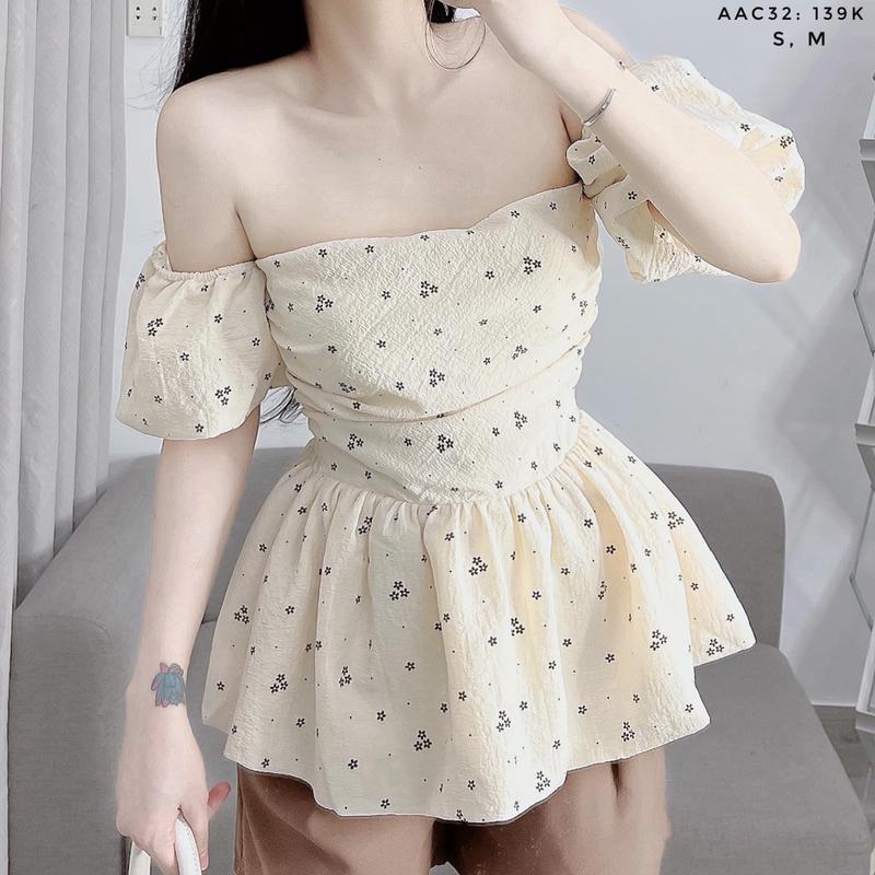 Áo trễ vai nữ tay bồng hoa nhí 1 lớp áo bẹt vai ra phồng chun lưng tiểu thư