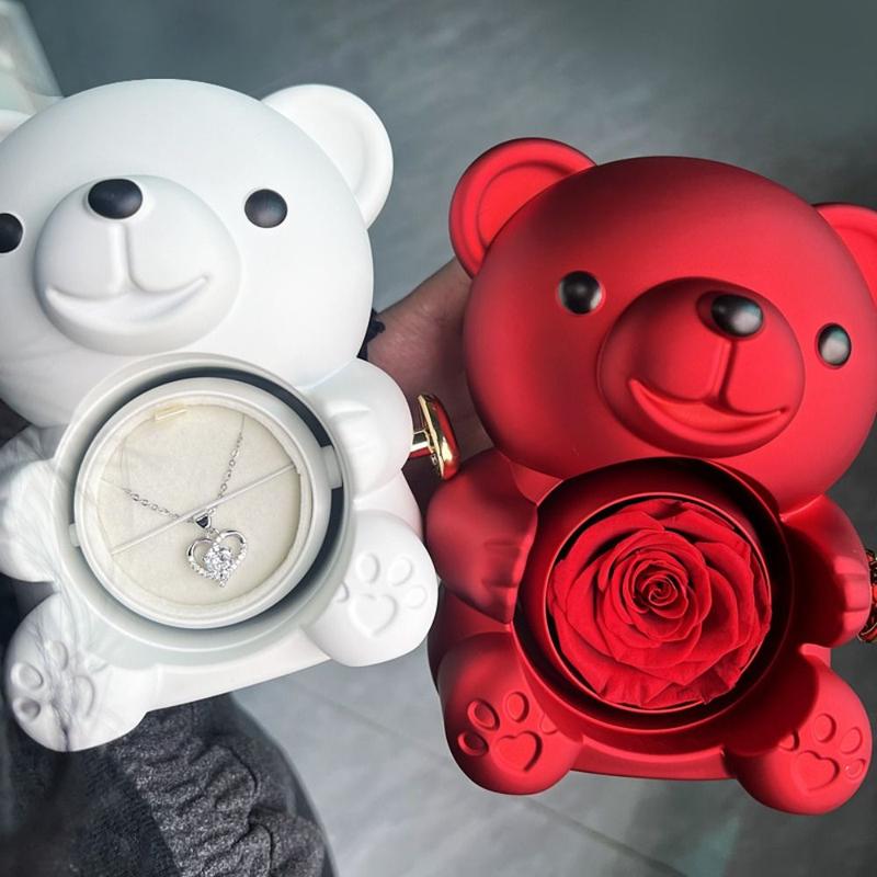Product Introduction of Creative Rotating Rose Box Red Soap Flower Bear Gifts Box Necklace Storage Pink Ring Gift Case For Women 10