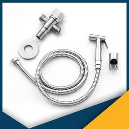 Combo bộ vòi xịt vệ sinh inox 304 kèm Dây dẫn inox 1,2m, Đế cài cao cấp và Van Nước chữ T Inox 304