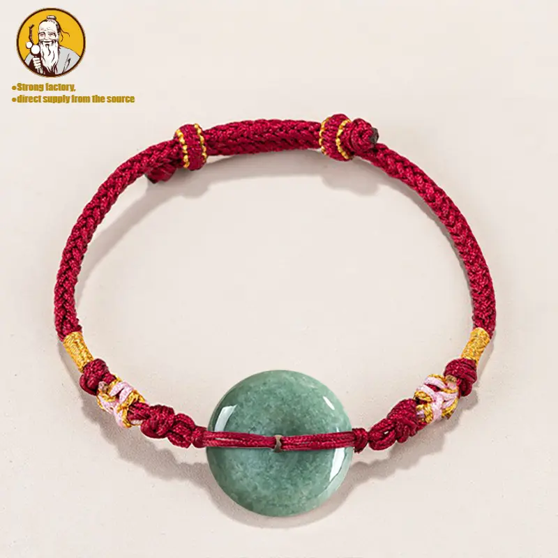 Natural A-grade jade safety buckle peach blossom hand rope, zodiac year