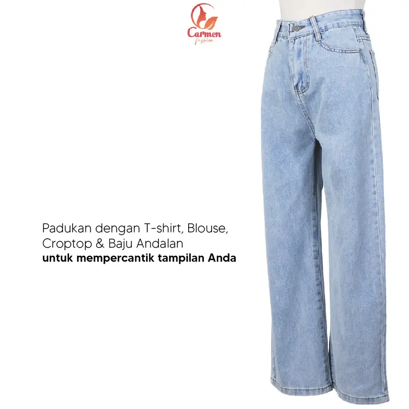 Kulot Jeans High Waist Wanita Celana Panjang Denim Fashion CF P529 Biru Muda 8