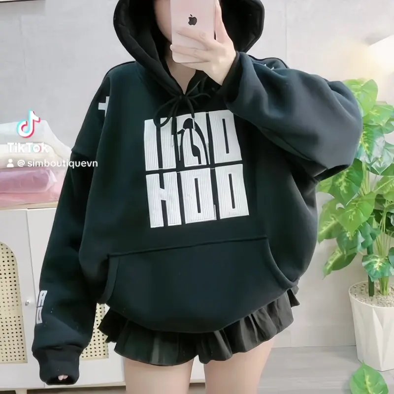 [FREESHIP] Hoodie nỉ bông thêu nổi nhiều size form rộng nón to women Cotton có thể giặt máy áo hoodie vàng áo hoodie & áo len khoác Nhung Top Kem boxy 3