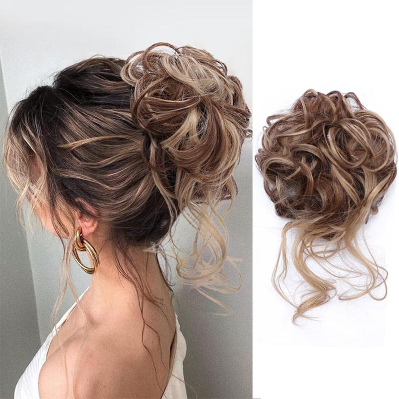 TikTok Shop Messy Bun Hair Piece Tousled Updo Hair Buns Extension Elastic Hair Band Hair Pieces Curly Hair Bun Scrunchie For Women Brown Mix Ash Blonde