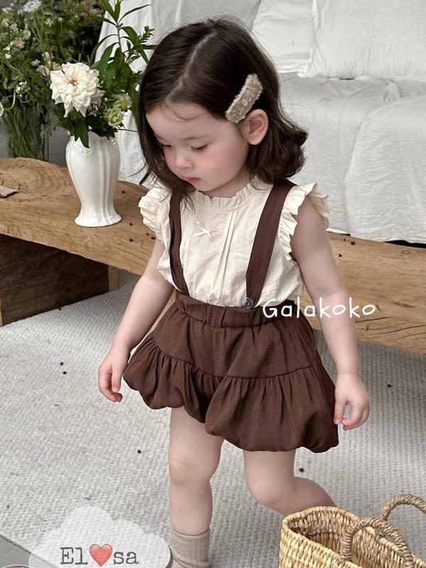 SÉT ÁO CỔ BÈO + QUẦN BÍ NGÔ NÂU ,Áo đũi  cổ và tay bèo có đính nơ+ quần bí ngô (2 lớp bồng bềnh ) có dây yếm, có cài cúc khuy (7-21kg) Heo cả bộ  quần áo