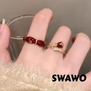 [Swawo] Cincin Logam Warna Emas Agate Merah Desain Terbuka Bentuk Mawar Bambu Gaya Retro Elegan A503