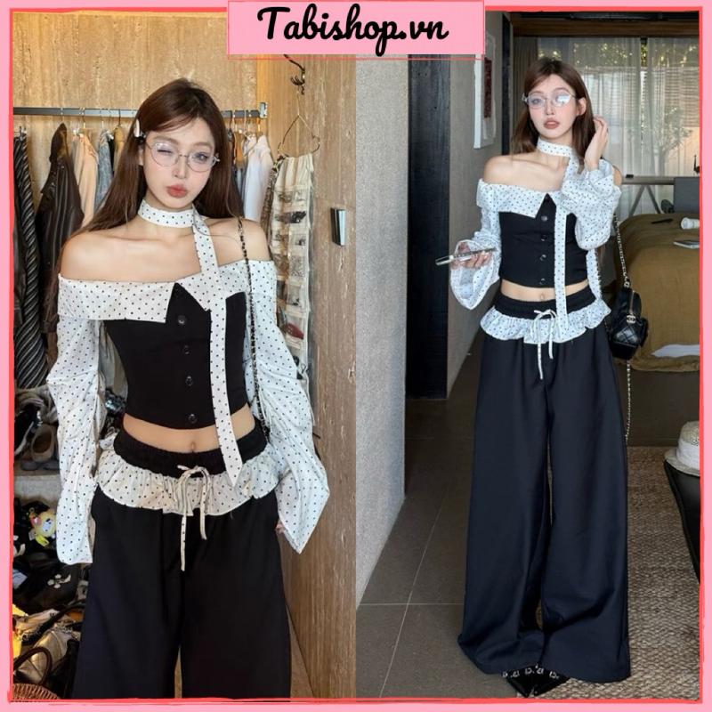  Set áo trễ vai tay loe chấm bi kèm quần dài ống rộng TABISHOP Set đồ nữ sang chảnh mặc đi dạo đi chơi 211  